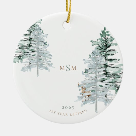 Waterverf Woodland Monogram 1e jaar Gepensioneerd Keramisch Ornament (Voorkant)