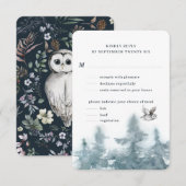 Waterverf Woodland Owl Botanisch w Meal RSVP Kaartje (Voorkant / Achterkant)
