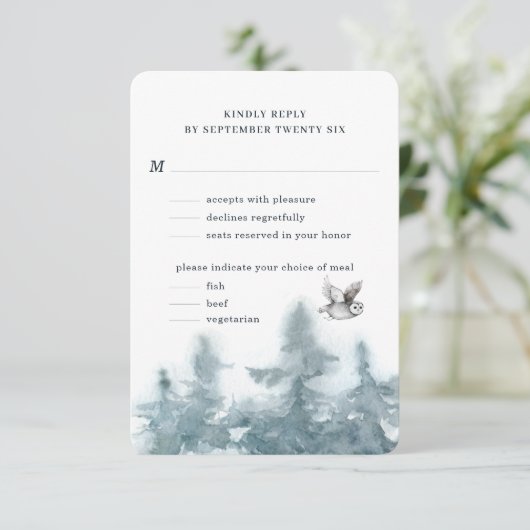 Waterverf Woodland Owl Botanisch w Meal RSVP Kaartje (Staand voorkant)