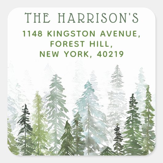 Waterverf Woodland Pine Trees Retouradres Vierkante Sticker (Voorkant)