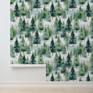 Waterverf Woodland Pine Trees Sneeuwval Behang
