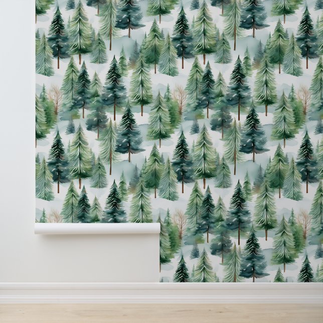 Waterverf Woodland Pine Trees Sneeuwval Behang (Applicatie)
