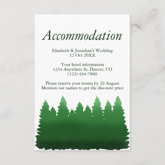 Waterverf Woodland Pines bruiloft accommodatie Informatiekaartje (Voorkant)