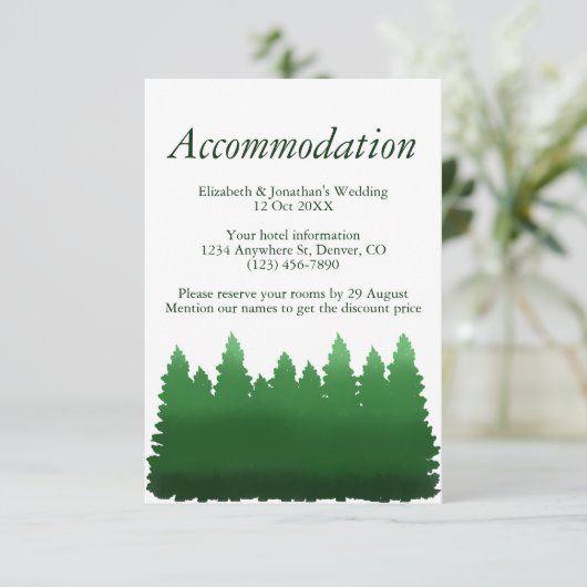 Waterverf Woodland Pines bruiloft accommodatie Informatiekaartje (Staand voorkant)
