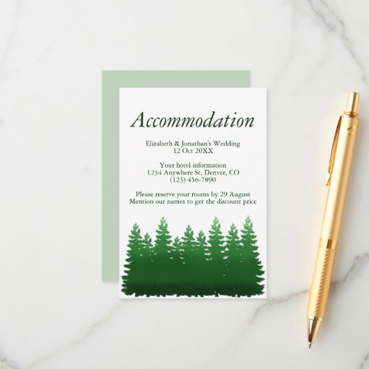 Waterverf Woodland Pines bruiloft accommodatie Informatiekaartje (Voorkant / Achterkant in situ)