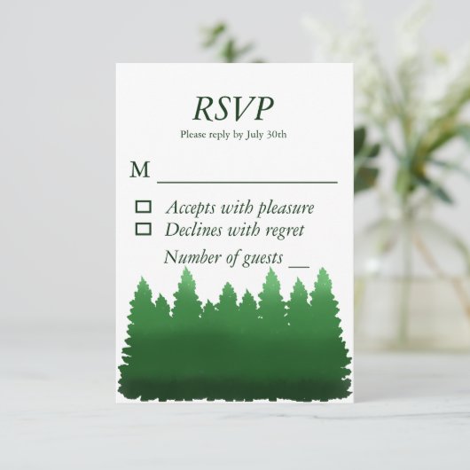 Waterverf Woodland Pines bruiloft RSVP Kaartje (Staand voorkant)