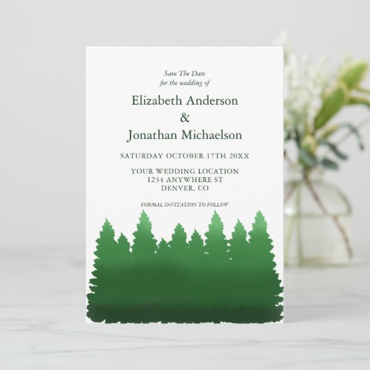 Waterverf Woodland Pines bruiloft Save The Date (Staand voorkant)