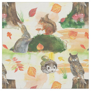 Waterverf Woodland Rabbit, owl, eekhoorn, egel Stof