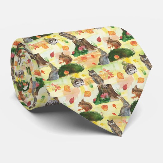 Waterverf Woodland Rabbit, owl, eekhoorn, egel Stropdas (Opgerold)