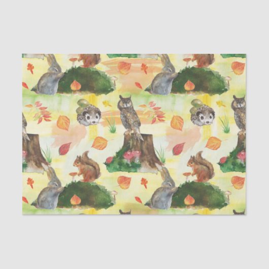 Waterverf Woodland Rabbit, owl, eekhoorn, egel Tissuepapier (Voorkant)