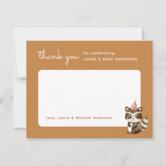 Waterverf Woodland Racoon Polka Dot Baby shower Bedankkaart (Voorkant)