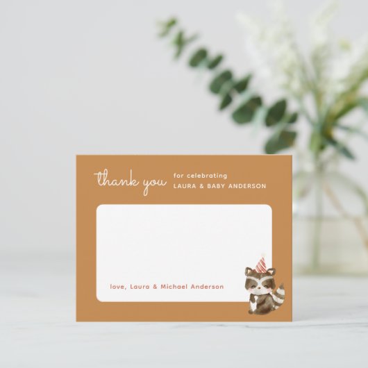 Waterverf Woodland Racoon Polka Dot Baby shower Bedankkaart (Staand voorkant)