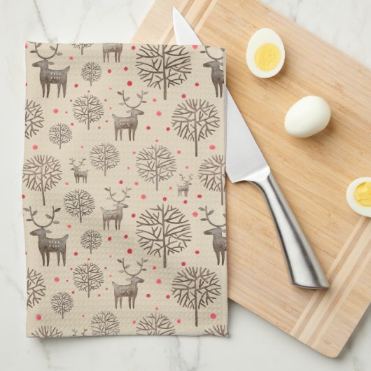 Waterverf Woodland Reindeer Pattern Earth Tone Theedoek (Quarter Fold)