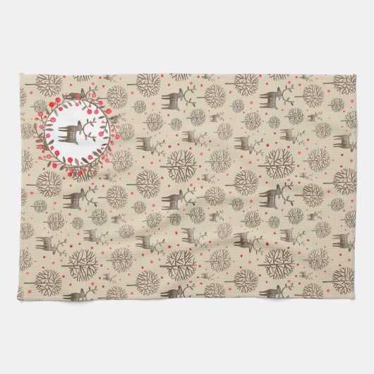 Waterverf Woodland Reindeer Pattern Earth Tone Theedoek (Horizontaal)