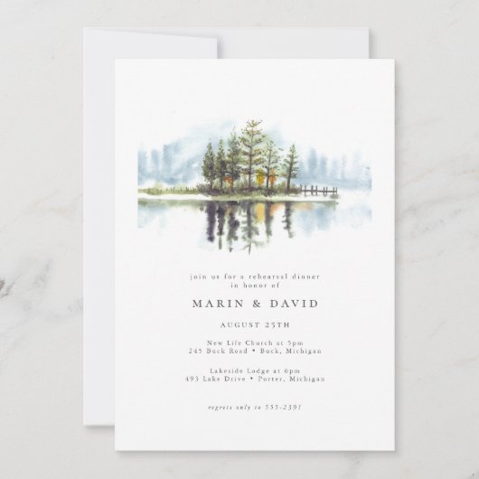 Waterverf Woodland Rustic Lake Rehearsal Dinner Kaart (Voorkant)