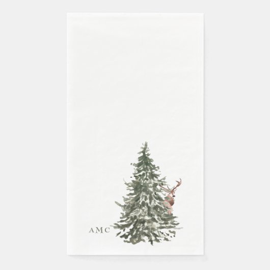 Waterverf Woodland Tree & Deer Monogram Kerstmis Servet (Voorkant)