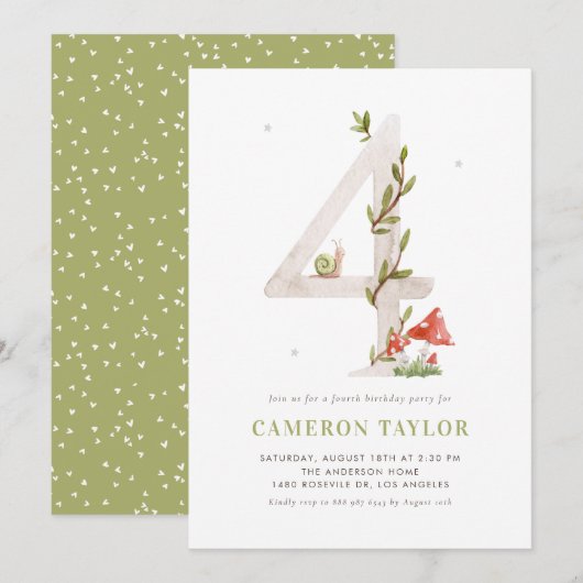 Waterverf Woodland Vierde verjaardagsfeestje Kaart (Voorkant / Achterkant)