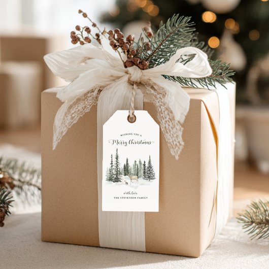 Waterverf Woodland Vrolijk Kerstfeest Cadeaulabel