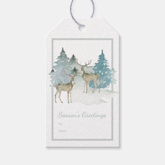 Waterverf Woodland Winter Deer Kerstmis Cadeaulabel (Voorkant)
