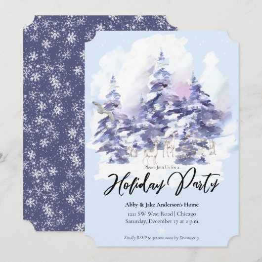 Waterverf Woodland Winter Holiday Party Kaart (Voorkant / Achterkant)