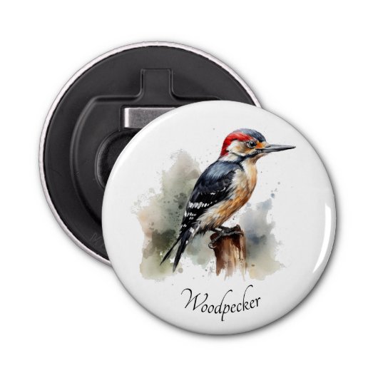 Waterverf Woodland Woodpecker, aangepast Button Flesopener (Voorkant)