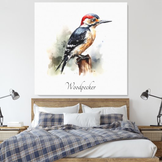 Waterverf Woodland Woodpecker, aangepast Canvas Afdruk (Insitu (Slaapkamer))