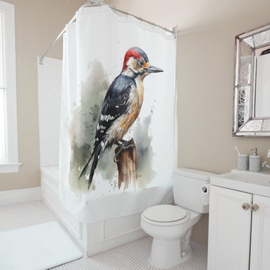 Waterverf Woodland Woodpecker, aangepast Douchegordijn (In situ)