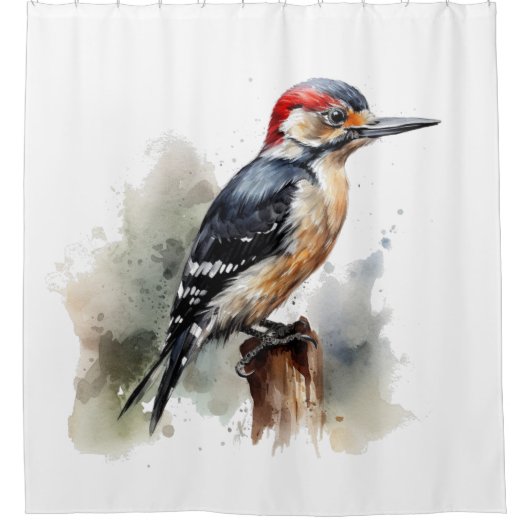 Waterverf Woodland Woodpecker, aangepast Douchegordijn (Voorkant)