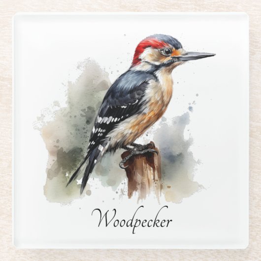 Waterverf Woodland Woodpecker, aangepast Glazen Onderzetter (Voorkant)