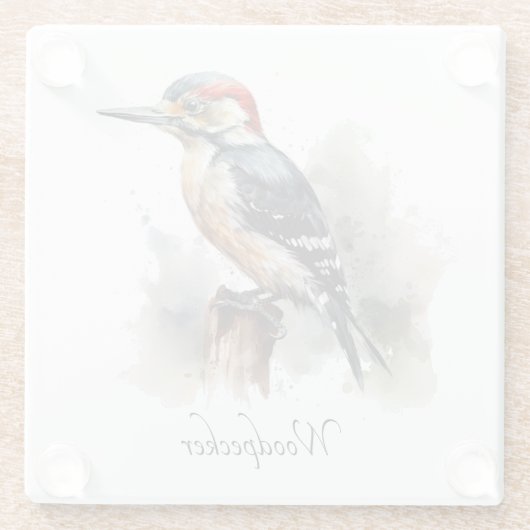 Waterverf Woodland Woodpecker, aangepast Glazen Onderzetter (Achterkant)