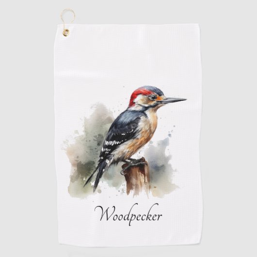 Waterverf Woodland Woodpecker, aangepast Golfhanddoek (Voorkant)