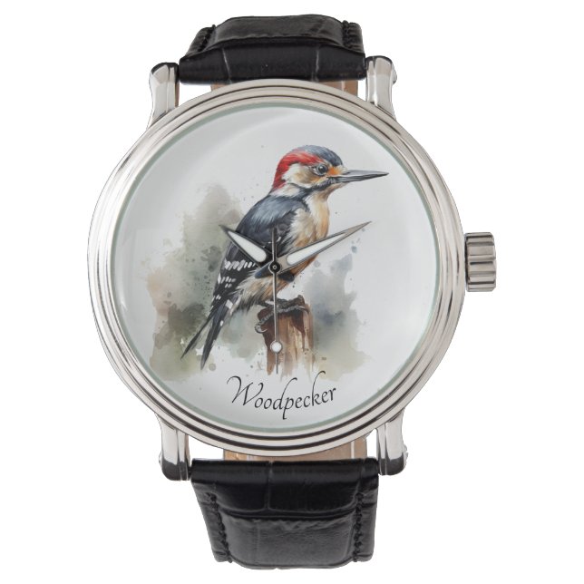 Waterverf Woodland Woodpecker, aangepast Horloge (Voorkant)