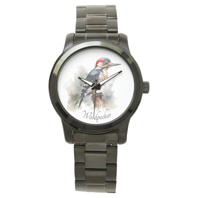 Waterverf Woodland Woodpecker, aangepast Horloge (Voorkant)