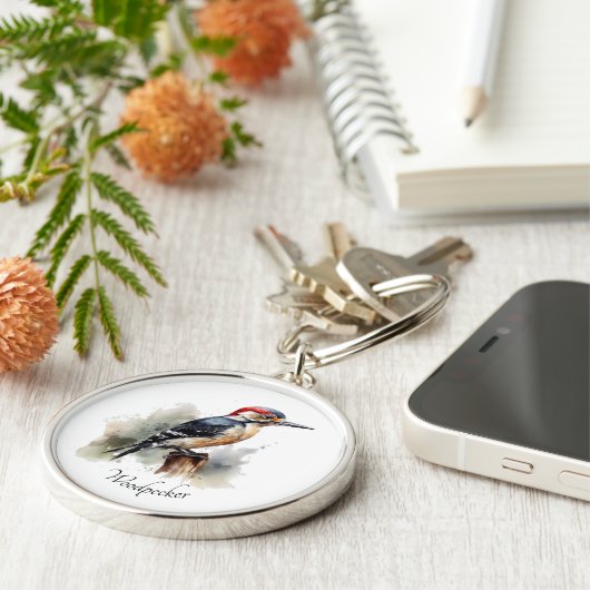 Waterverf Woodland Woodpecker, aangepast Sleutelhanger (Zijkant)