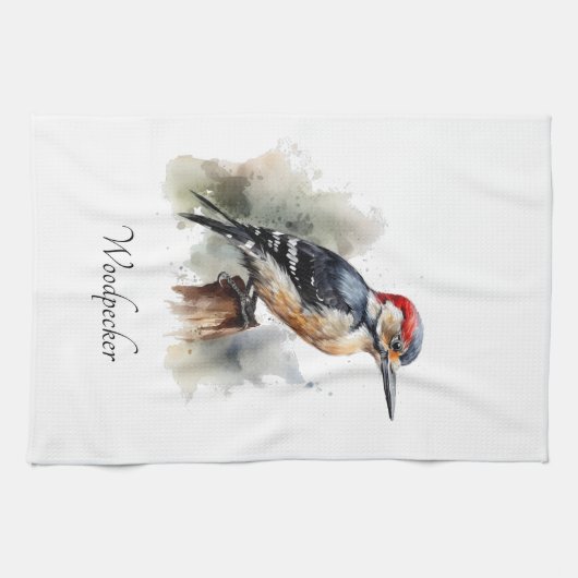 Waterverf Woodland Woodpecker, aangepast Theedoek (Horizontaal)