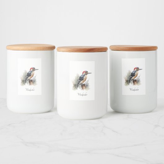 Waterverf Woodland Woodpecker, aangepast Voedselcontainer Etiket (Flessen)