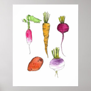 Waterverf wortelgroenten Ink Kitchen Art Poster