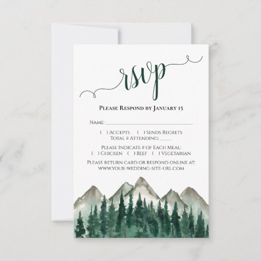 Waterverf woud en bergen Rustic Wedding RSVP Kaartje (Voorkant)
