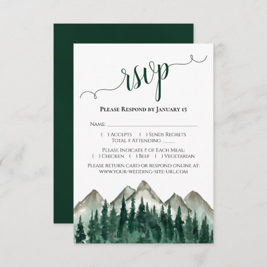 Waterverf woud en bergen Rustic Wedding RSVP Kaartje (Voorkant / Achterkant)