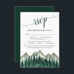 Waterverf woud en bergen Rustic Wedding RSVP Kaartje<br><div class="desc">Deze prachtige RSVP-kaart is voorzien van een robuuste waterverf met een diep groen alpiene bos met bergpieken op de achtergrond. De titel wordt geschreven in de kalligrafie van het lacy manuscript en er is ruimte voor uw gasten om op het totale aantal te wijzen dat en hun keus van maaltijd...</div>