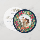 Waterverf WreatBlue Photo met kerstmis Feestdagenkaart (Voorkant / Achterkant)