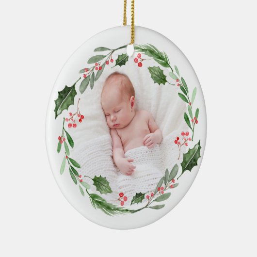 Waterverf Wreath Baby's eerste kerstfoto Keramisch Ornament (Rechts)