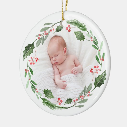 Waterverf Wreath Baby's eerste kerstfoto Keramisch Ornament (Links)