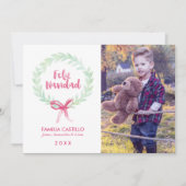 Waterverf Wreath Feliz Navidad Photo Feestdagenkaart (Voorkant)