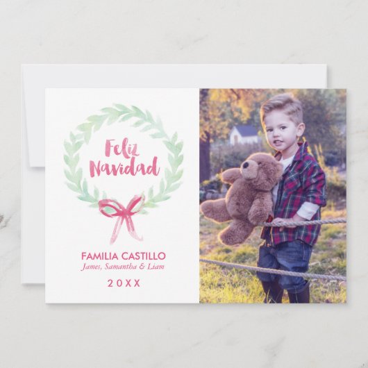 Waterverf Wreath Feliz Navidad Photo Feestdagenkaart (Voorkant)