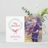 Waterverf Wreath Feliz Navidad Photo Feestdagenkaart (Staand voorkant)
