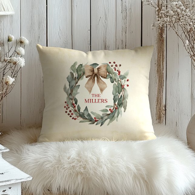 Waterverf Wreath Kerstmis Kussen (Watercolor Eucalyptus Christmas Wreath Custom Pillow)