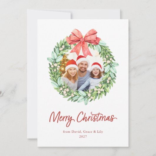 Waterverf Wreath Merry Kerstmis met fotonamen (Voorkant)