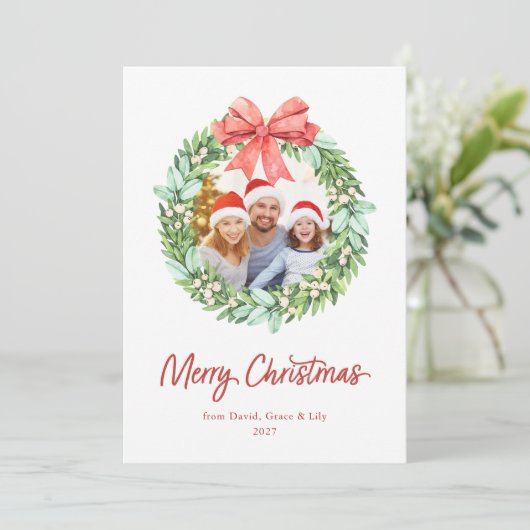Waterverf Wreath Merry Kerstmis met fotonamen (Staand voorkant)