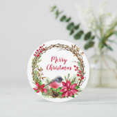Waterverf Wreath Poinsettia & Bird Kerstmis Feestdagenkaart (Staand voorkant)
